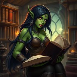 An enchanting orc librarian with vibrant green skin and long flowing black hair