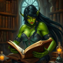 An enchanting orc librarian with vibrant green skin and long flowing black hair