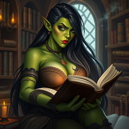An enchanting orc librarian with vibrant green skin and long flowing black hair