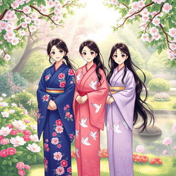 An illustration in manhwa style depicting three Japanese sisters in traditional kimonos