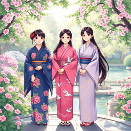 An illustration in manhwa style depicting three Japanese sisters in traditional kimonos