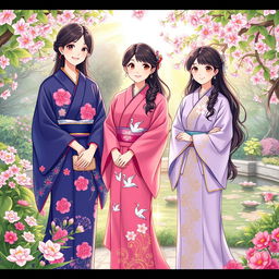 An illustration in manhwa style depicting three Japanese sisters in traditional kimonos
