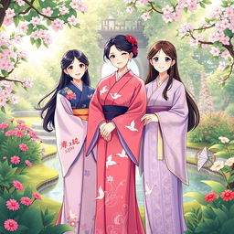 An illustration in manhwa style depicting three Japanese sisters in traditional kimonos