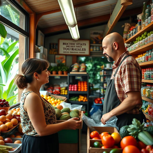 A woman shopping in a small, well-stocked grocery store, being attended by a bald man wearing a checkered shirt and an apron