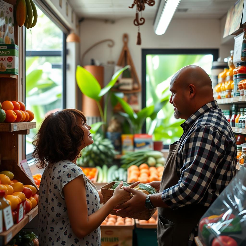 A woman shopping in a small, well-stocked grocery store, being attended by a bald man wearing a checkered shirt and an apron