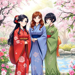 An illustration in manhwa style depicting three Japanese sisters in vibrant kimonos