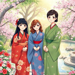 An illustration in manhwa style depicting three Japanese sisters in vibrant kimonos