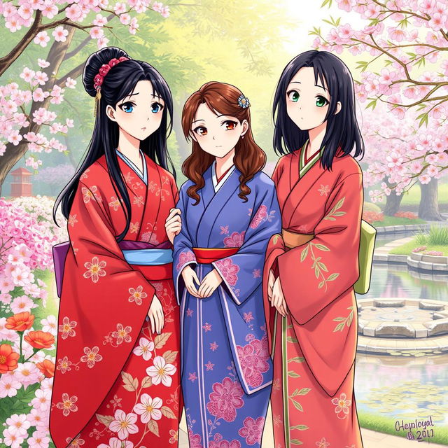 An illustration in manhwa style depicting three Japanese sisters in vibrant kimonos