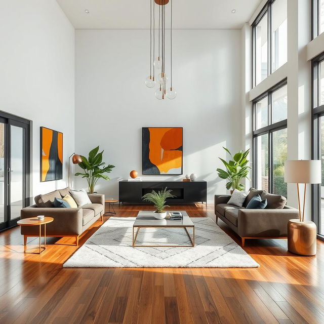 A modern and sophisticated living room interior design, featuring sleek furniture with clean lines, a neutral color palette accented with bold art pieces, large floor-to-ceiling windows allowing natural light to flood the space, elegant light fixtures hanging from the ceiling, a plush area rug on polished wooden floors, lush indoor plants adding a touch of nature, and a minimalist coffee table in the center