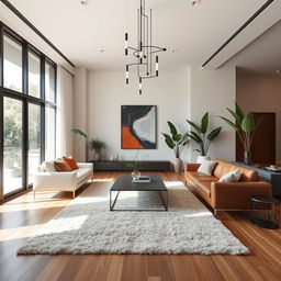 A modern and sophisticated living room interior design, featuring sleek furniture with clean lines, a neutral color palette accented with bold art pieces, large floor-to-ceiling windows allowing natural light to flood the space, elegant light fixtures hanging from the ceiling, a plush area rug on polished wooden floors, lush indoor plants adding a touch of nature, and a minimalist coffee table in the center