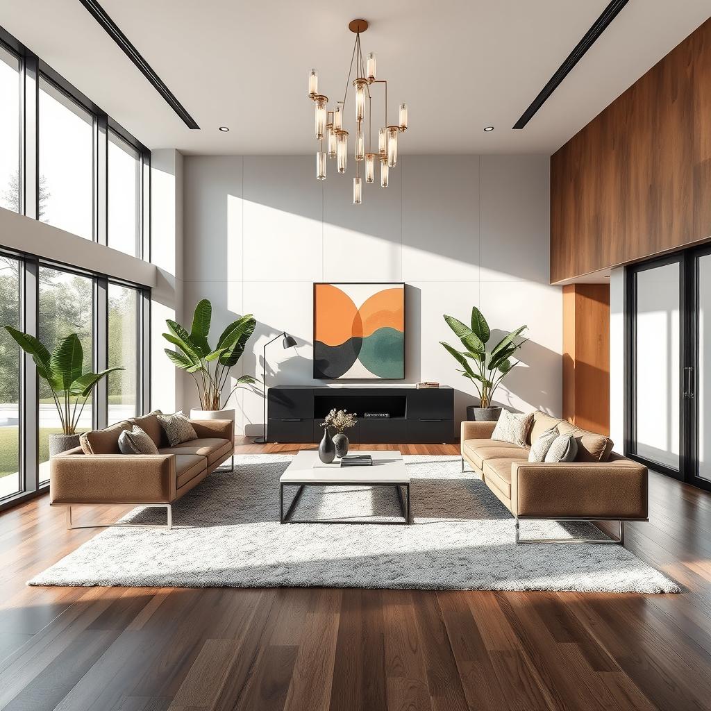 A modern and sophisticated living room interior design, featuring sleek furniture with clean lines, a neutral color palette accented with bold art pieces, large floor-to-ceiling windows allowing natural light to flood the space, elegant light fixtures hanging from the ceiling, a plush area rug on polished wooden floors, lush indoor plants adding a touch of nature, and a minimalist coffee table in the center