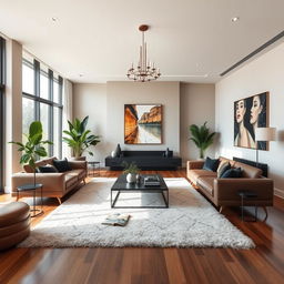 A modern and sophisticated living room interior design, featuring sleek furniture with clean lines, a neutral color palette accented with bold art pieces, large floor-to-ceiling windows allowing natural light to flood the space, elegant light fixtures hanging from the ceiling, a plush area rug on polished wooden floors, lush indoor plants adding a touch of nature, and a minimalist coffee table in the center