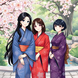 An illustration in manhwa style depicting three Japanese sisters in beautiful kimonos