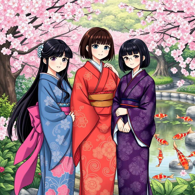 An illustration in manhwa style depicting three Japanese sisters in beautiful kimonos