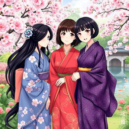 An illustration in manhwa style depicting three Japanese sisters in beautiful kimonos