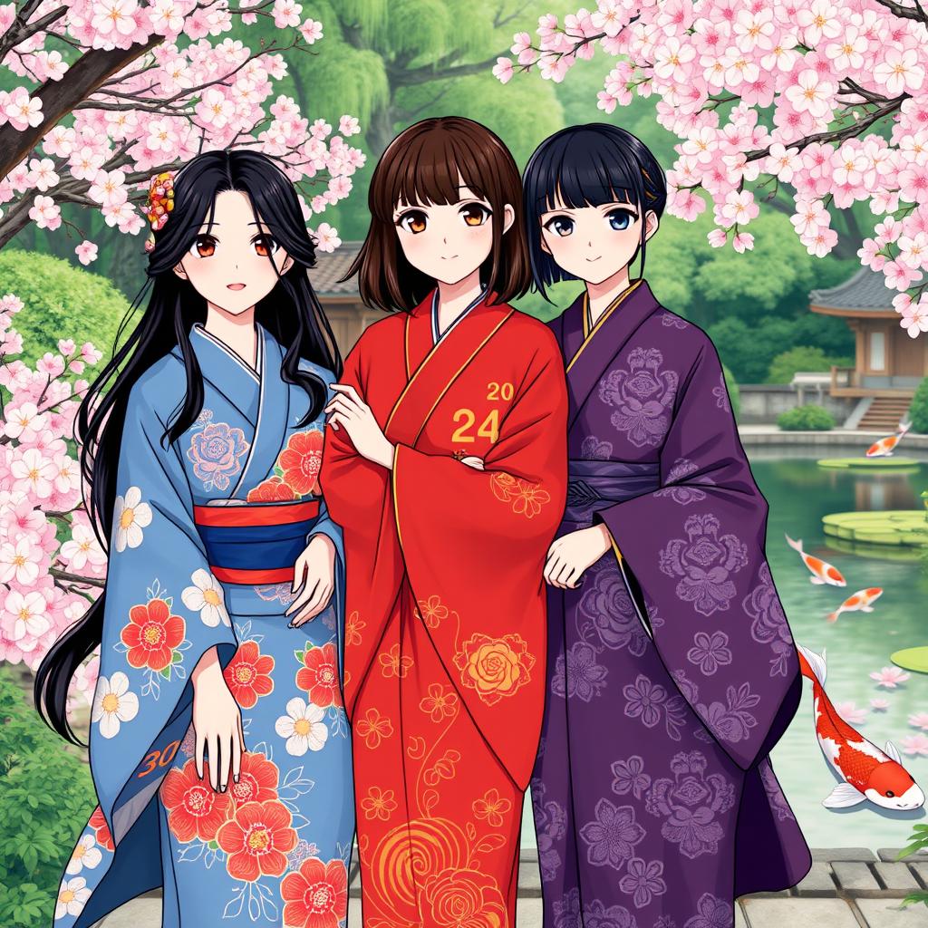 An illustration in manhwa style depicting three Japanese sisters in beautiful kimonos