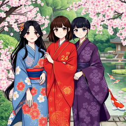 An illustration in manhwa style depicting three Japanese sisters in beautiful kimonos