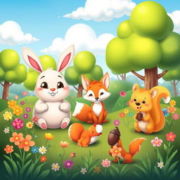 A whimsical scene featuring a cute, cartoon-style forest populated with adorable animals, such as a plump, smiling bunny with big eyes, a playful fox with a bushy tail, and a curious little squirrel holding an acorn