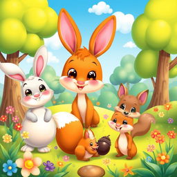 A whimsical scene featuring a cute, cartoon-style forest populated with adorable animals, such as a plump, smiling bunny with big eyes, a playful fox with a bushy tail, and a curious little squirrel holding an acorn