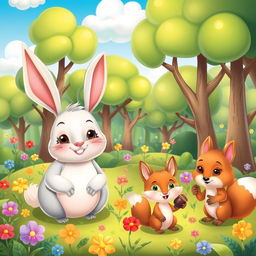A whimsical scene featuring a cute, cartoon-style forest populated with adorable animals, such as a plump, smiling bunny with big eyes, a playful fox with a bushy tail, and a curious little squirrel holding an acorn