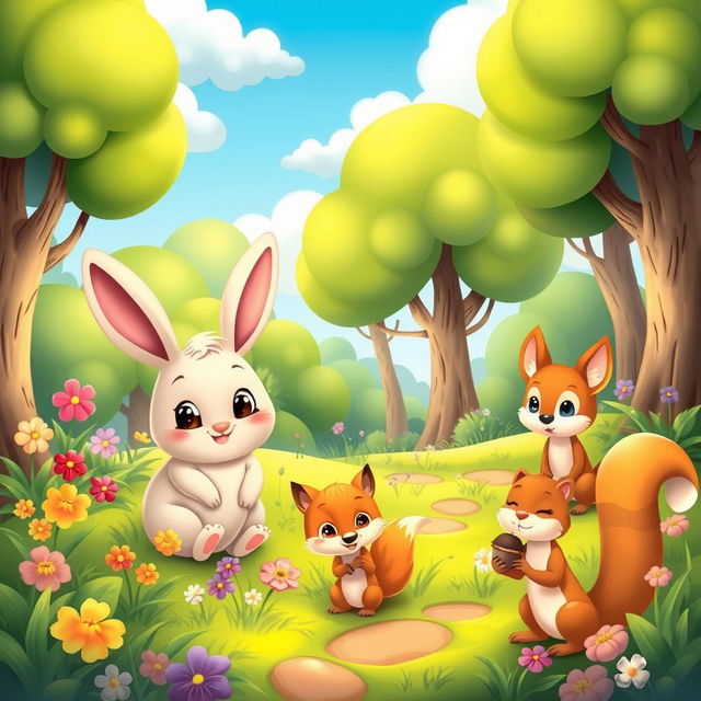 A whimsical scene featuring a cute, cartoon-style forest populated with adorable animals, such as a plump, smiling bunny with big eyes, a playful fox with a bushy tail, and a curious little squirrel holding an acorn