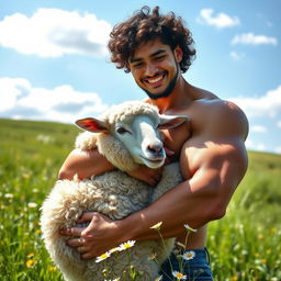 A strong and muscular Asian man with curly hair gently hugging a fluffy sheep