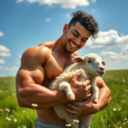 A strong and muscular Asian man with curly hair gently hugging a fluffy sheep