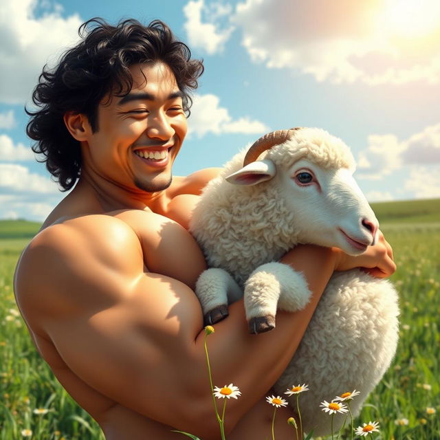 A strong and muscular Asian man with curly hair gently hugging a fluffy sheep