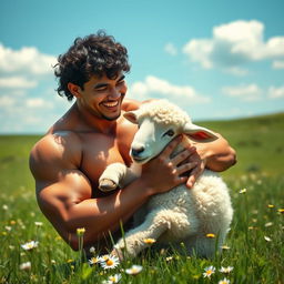 A strong and muscular Asian man with curly hair gently hugging a fluffy sheep