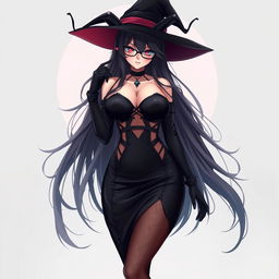 A sexy demonic anime girl witch with long, flowing hair cascading beautifully