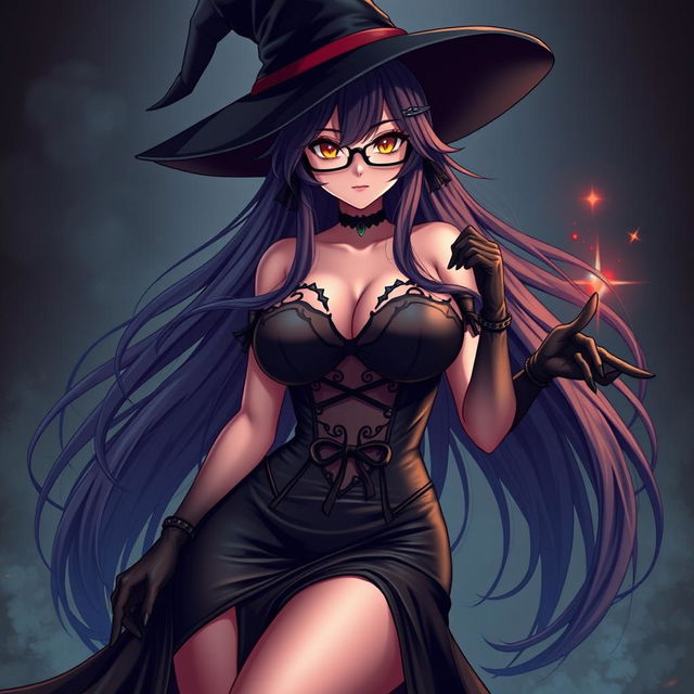 A sexy demonic anime girl witch with long, flowing hair cascading beautifully