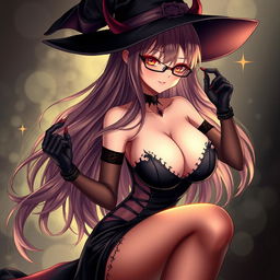 A sexy demonic anime girl witch with long, flowing hair cascading beautifully