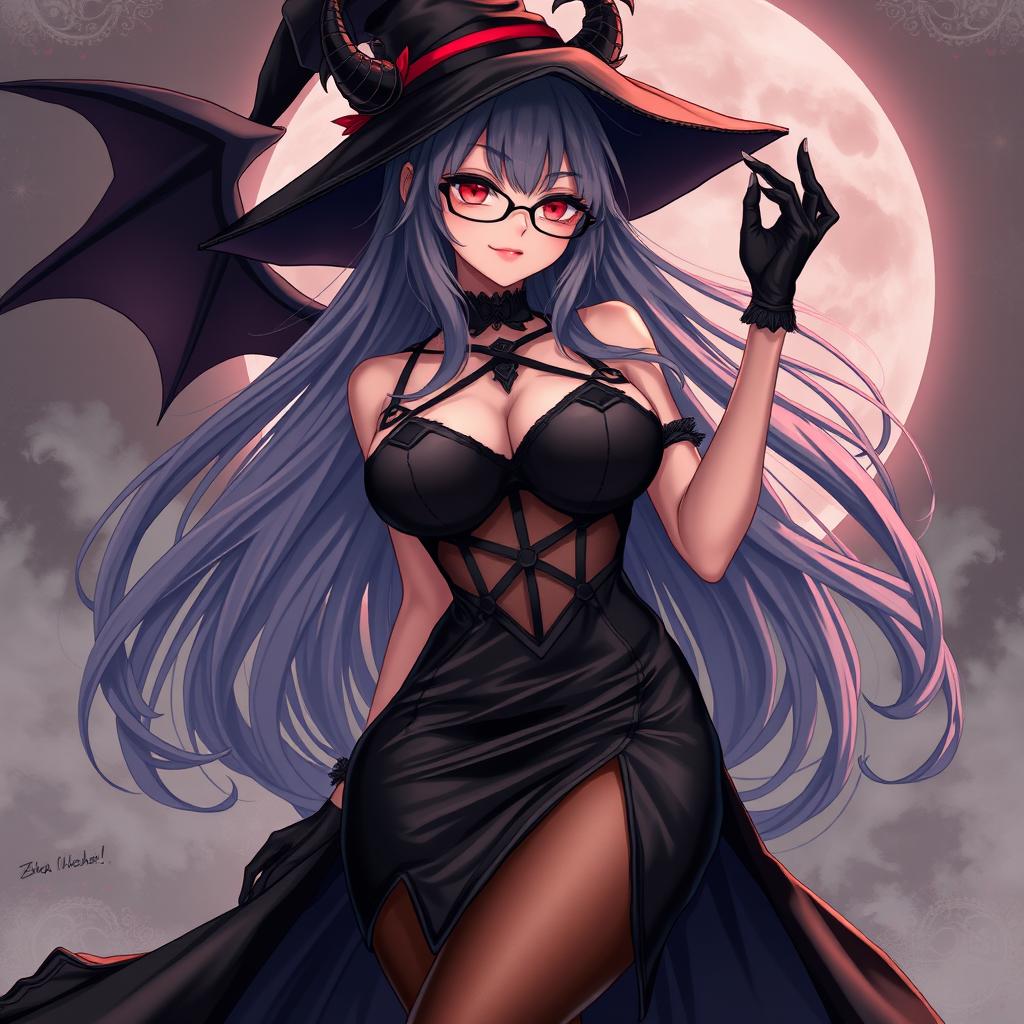 A sexy demonic anime girl witch with long, flowing hair cascading beautifully