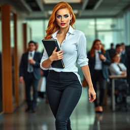 A full-length photograph of a stunning young woman with flame red hair and mesmerizing blue eyes, adorned with heavy mint green eye shadow, bold black eyeliner, lush mascara, and long eyelashes