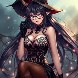 A sexy demonic anime girl witch with long, flowing hair and stylish glasses, showcasing her striking features