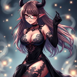 A sexy demonic anime girl witch with long, flowing hair and stylish glasses, showcasing her striking features