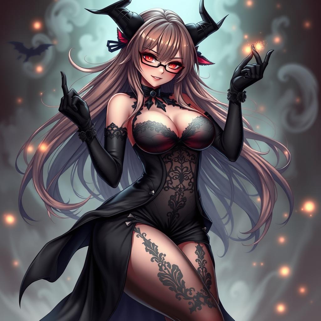 A sexy demonic anime girl witch with long, flowing hair and stylish glasses, showcasing her striking features