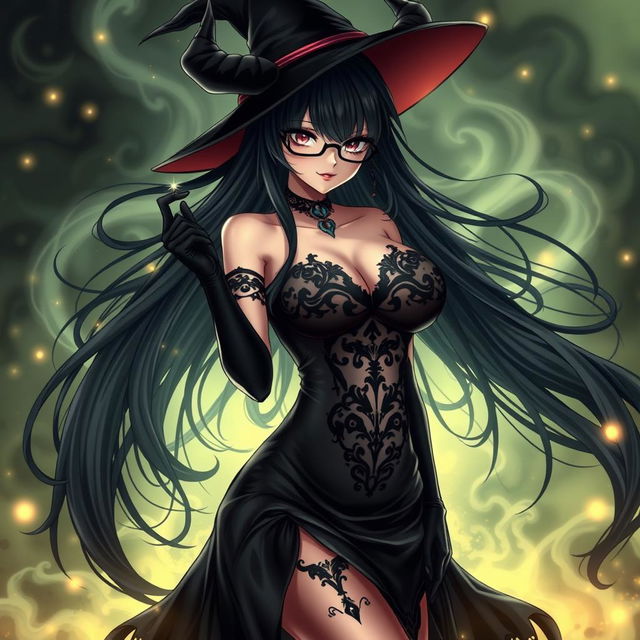 A sexy demonic anime girl witch with long, flowing hair and stylish glasses, showcasing her striking features