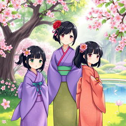 An illustration in manhwa style featuring three Japanese sisters with black hair, each wearing elegant kimonos in vibrant colors