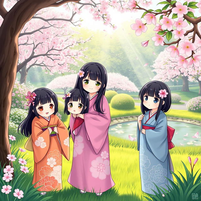 An illustration in manhwa style featuring three Japanese sisters with black hair, each wearing elegant kimonos in vibrant colors