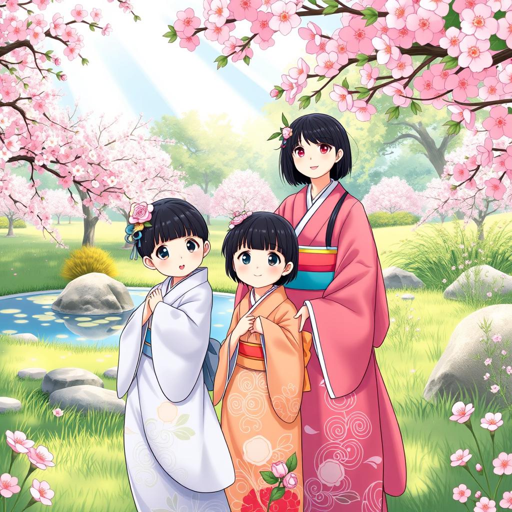 An illustration in manhwa style featuring three Japanese sisters with black hair, each wearing elegant kimonos in vibrant colors