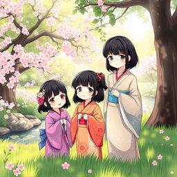 An illustration in manhwa style featuring three Japanese sisters with black hair, each wearing elegant kimonos in vibrant colors