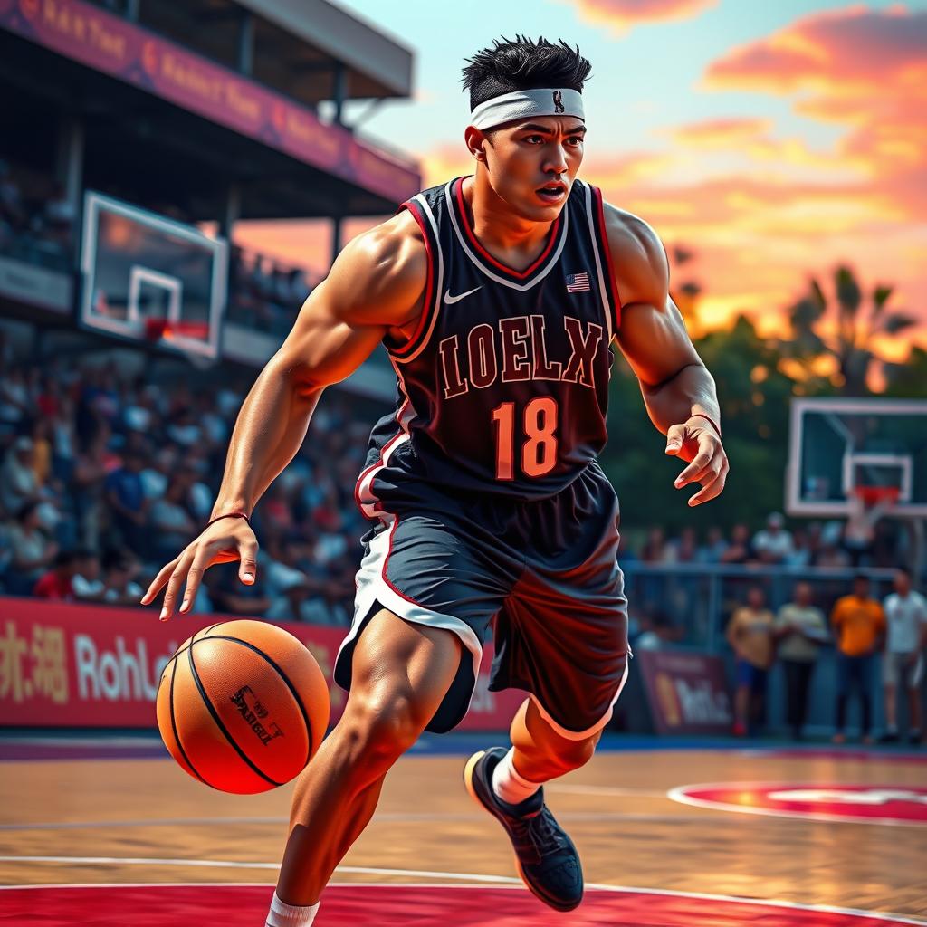 A muscular Asian basketball player showcasing an impressive physique, wearing a stylish basketball jersey and shorts, dribbling a basketball confidently on a vibrant outdoor court