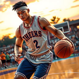 A muscular Asian basketball player showcasing an impressive physique, wearing a stylish basketball jersey and shorts, dribbling a basketball confidently on a vibrant outdoor court