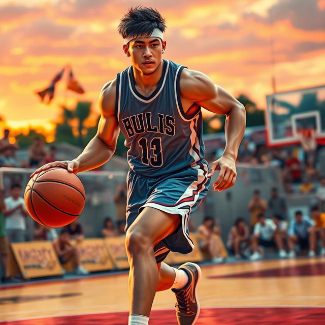 A muscular Asian basketball player showcasing an impressive physique, wearing a stylish basketball jersey and shorts, dribbling a basketball confidently on a vibrant outdoor court