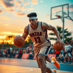A muscular Asian basketball player showcasing an impressive physique, wearing a stylish basketball jersey and shorts, dribbling a basketball confidently on a vibrant outdoor court