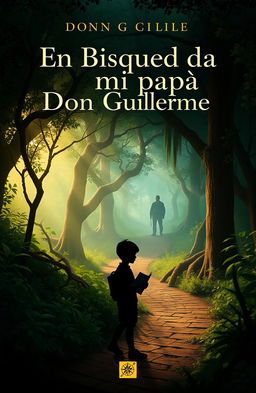 A book cover design featuring a mysterious and adventurous theme, titled 'En Búsqueda de mi papá Don Guillermo'