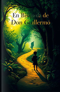 A book cover design featuring a mysterious and adventurous theme, titled 'En Búsqueda de mi papá Don Guillermo'