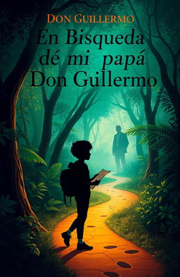 A book cover design featuring a mysterious and adventurous theme, titled 'En Búsqueda de mi papá Don Guillermo'