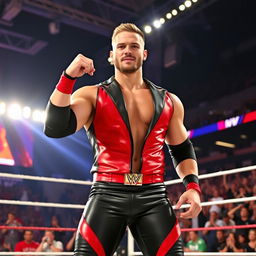 Austin Theory, a professional wrestler, posing in an action-packed moment inside a wrestling ring